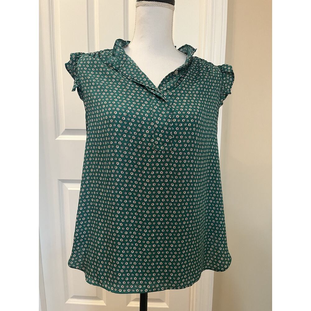 Ann Taylor Loft M Green Flutter Cap Sleeve Popover Blouse Floral Pattern Ruffle